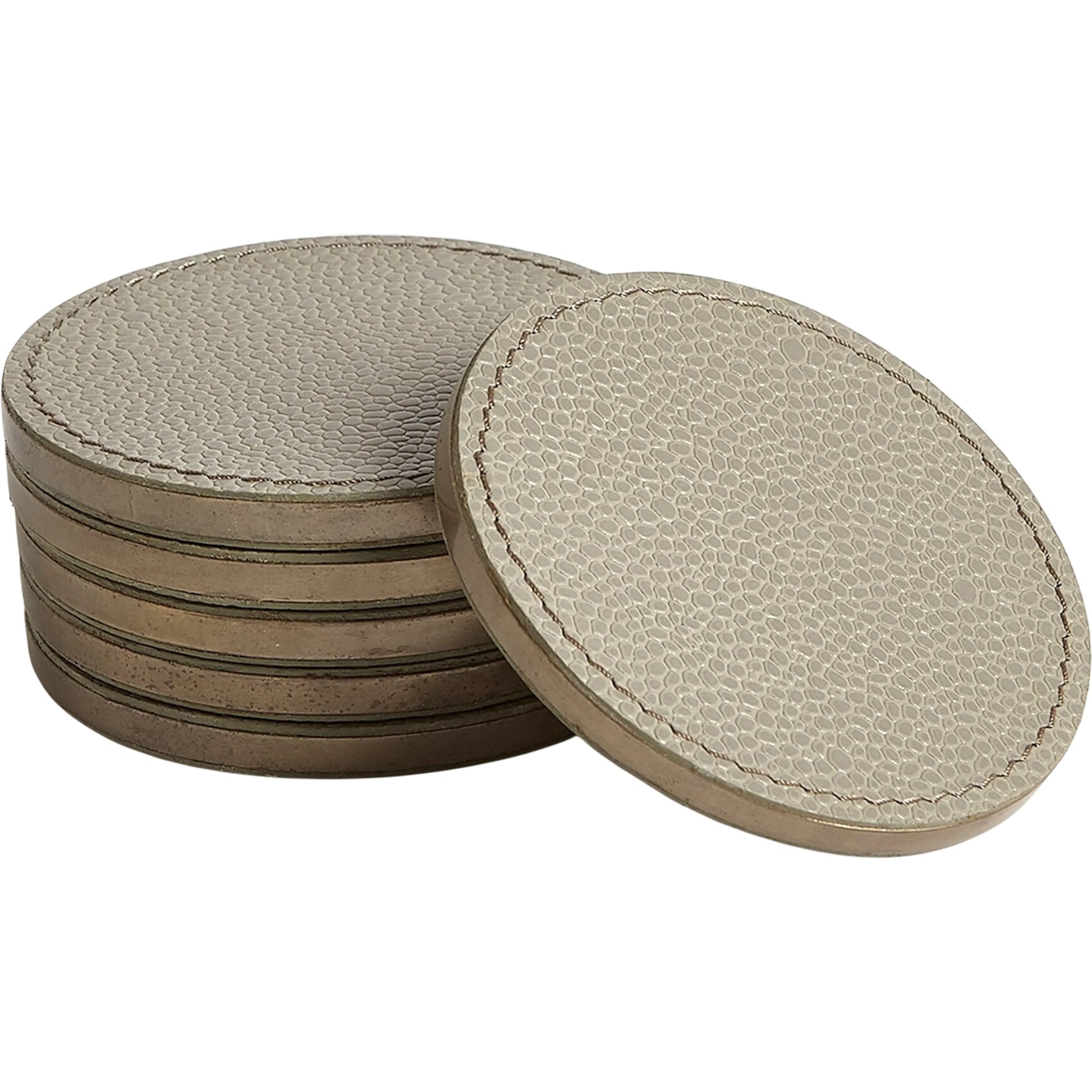 Alpen Coasters by Global Views. Made from mdf, brass, leather, polyester suede in a transitional style.