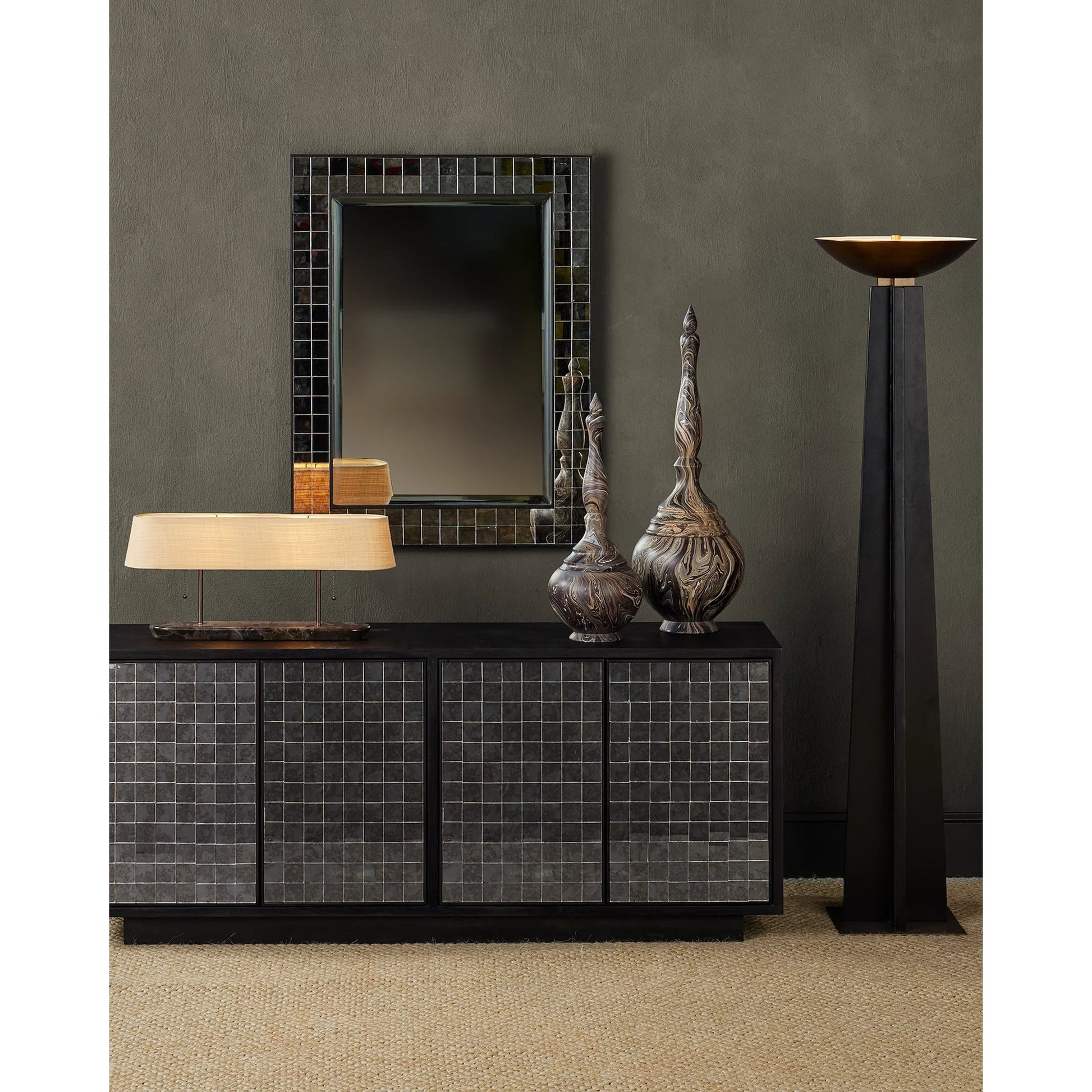 Tall Turret Box by Currey and Company in marbleized brown. Made from wood in a unique style.