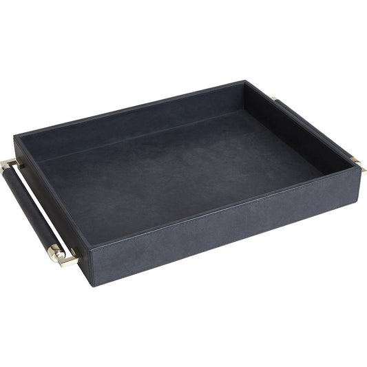 Double Handle Serving Tray by Global Views in blue wash. Made from leather, brass in a transitional style.