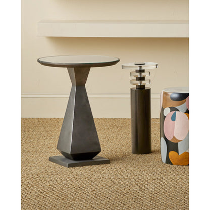 Janil Accent Table by Currey and Company in graphite, clear. Made from cast aluminum, glass in a modern style.