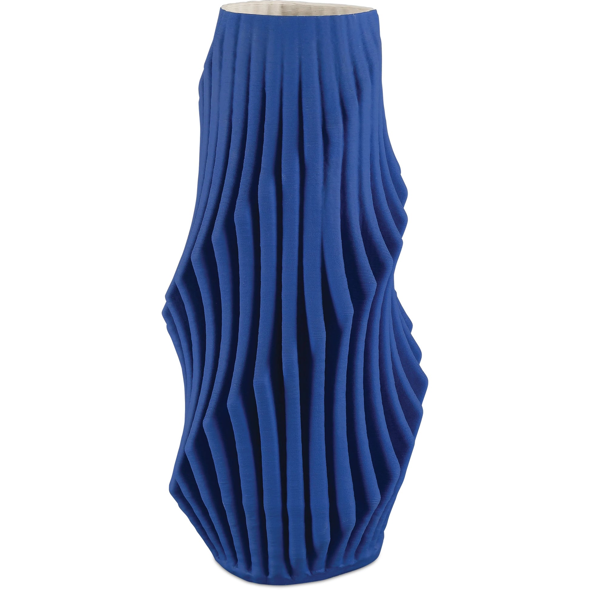 Pleat Vase by Currey and Company in cobalt blue. Made from porcelain in a modern style.