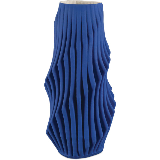 Pleat Vase by Currey and Company in cobalt blue. Made from porcelain in a modern style.
