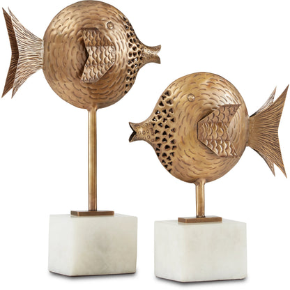 Cici Fish Set by Currey and Company in antique brass, white. Made from brass, marble in a coastal style.