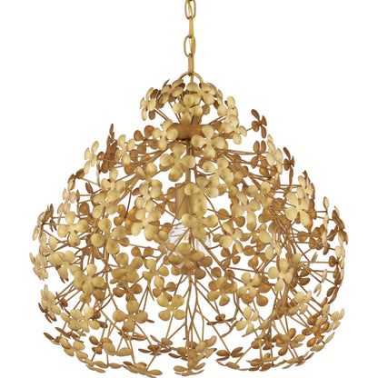 Cloverfield Pendant by Currey and Company in contemporary gold leaf. Made from wrought iron in a modern style.