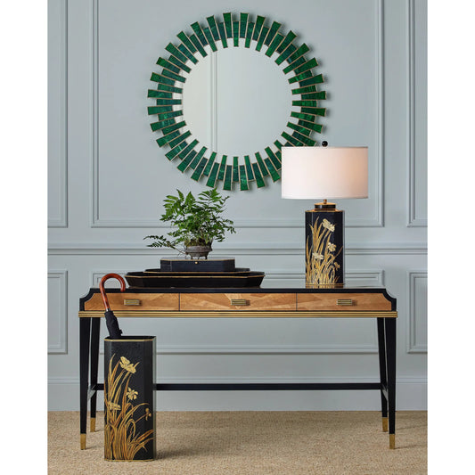 Glasshouse Tole Table Lamp by Currey and Company in black, gold. Made from metal in a traditional style.