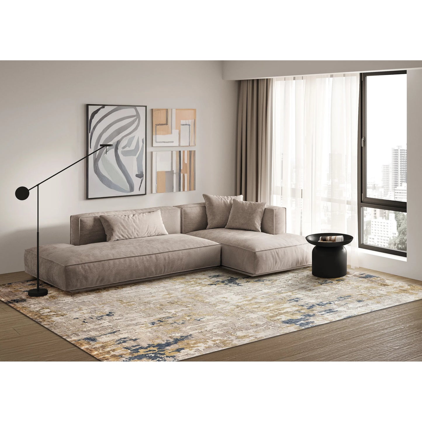 013 SI-1828510,SI-1828511,SI-1828512,SI-1828513,SI-1828514,SI-1828515,SI-2384114 | Lifestyle | Laureno Rug by Exquisite Rugs in beige, gold. Made from bamboo silk in a unique style.