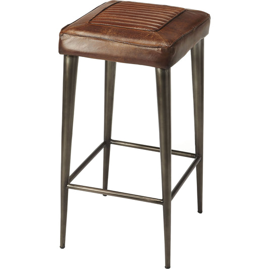 Maxine Bar Stool by Butler Specialty Company in dark brown and brown leather. Made from iron, leather in a cottage & farmhouse style.