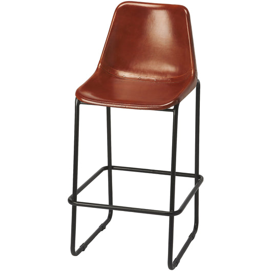 Myles Bar Stool by Butler Specialty Company in medium brown and brown leather. Made from iron, leather in a modern style.