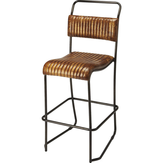 Vega Bar Stool by Butler Specialty Company in light brown and brown leather. Made from iron, leather in a cottage & farmhouse style.