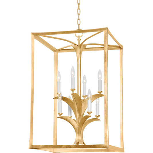 Bergamo Lantern Pendant by Corbett in vintage gold leaf. Made from steel in a modern style.