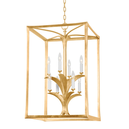 Bergamo Lantern Pendant by Corbett in vintage gold leaf. Made from steel in a modern style.