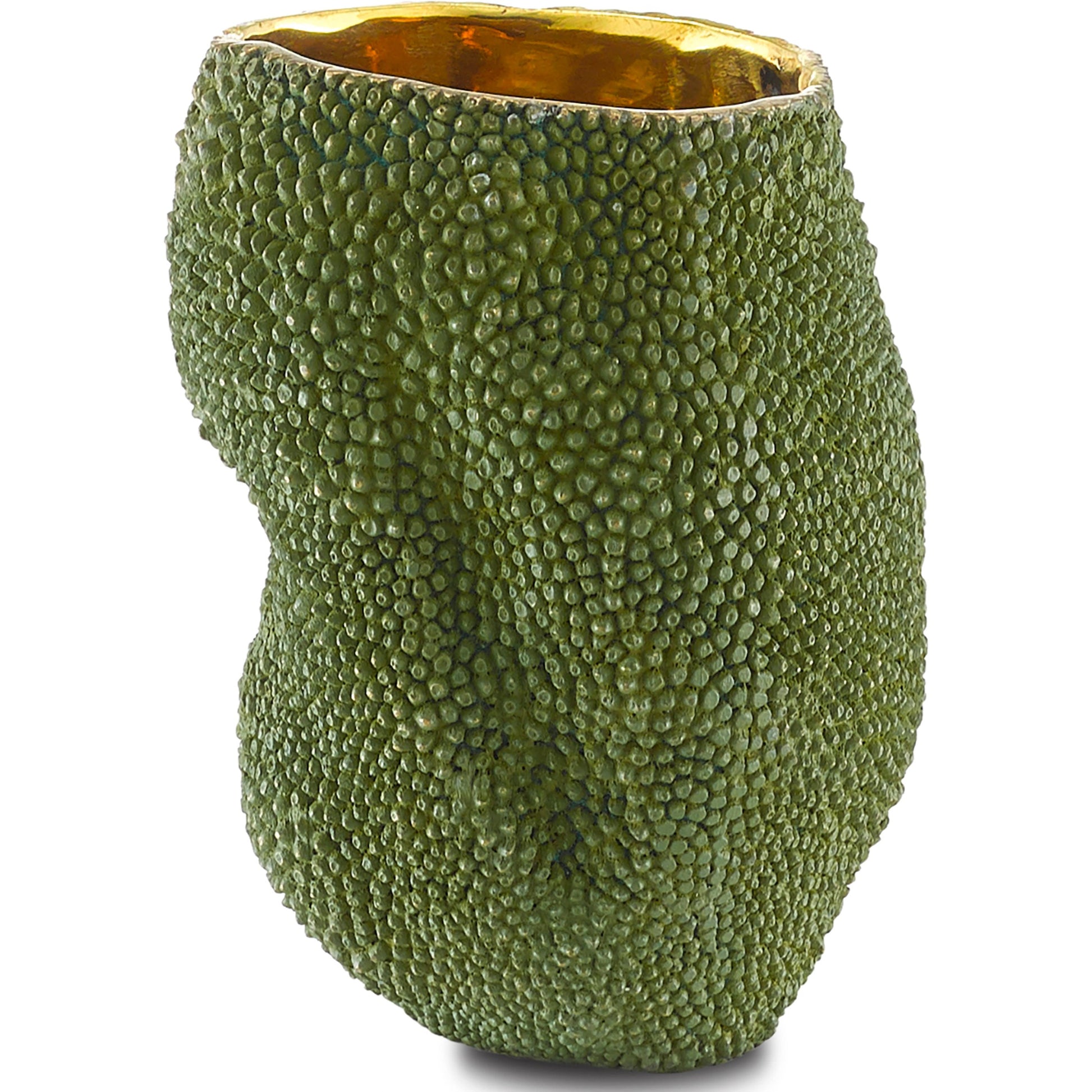 Jackfruit Vase by Currey and Company in green, gold. Made from bronze in a coastal style.
