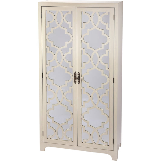 Morjanna White Tall Cabinet by Butler Specialty Company in white and white. Made from mindi wood solids, veneers, mdf, mirrored glass, hardware: steel, antique brass finish in a transitional style.