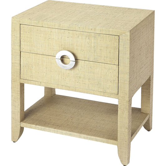 Amelle Raffia End Table by Butler Specialty Company. Made from natural raffia, plywood, mdf, silver finished aluminum hardware in a coastal style.