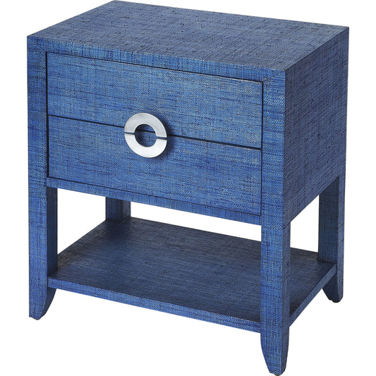 Amelle Raffia End Table by Butler Specialty Company. Made from natural raffia, plywood, mdf, silver finished aluminum hardware in a coastal style.