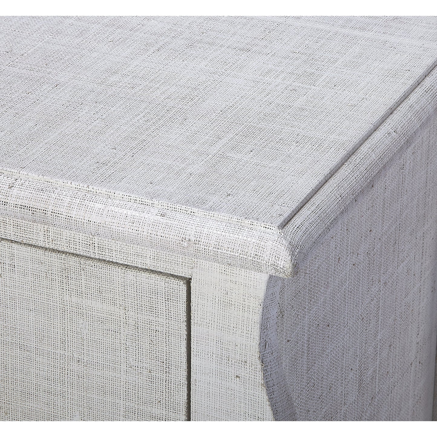 006 S-346223 | Closeup | Felicia Accent Chest by Butler Specialty Company in off white and white raffia. Made from natural raffia, plywood, mdf, silver finished aluminum hardware in a eclectic & global style.