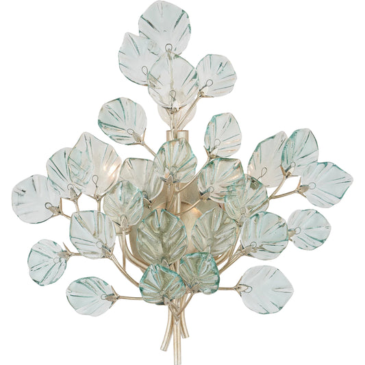 Baobab Wall Sconce by Currey and Company in clear, contemporary silver leaf. Made from recycled glass, wrought iron in a modern style.