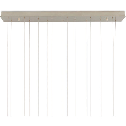 Banyan 15-Light Linear Multi-Drop Pendant by Currey and Company in antique brass, clear, silver. Made from metal, glass in a modern style.