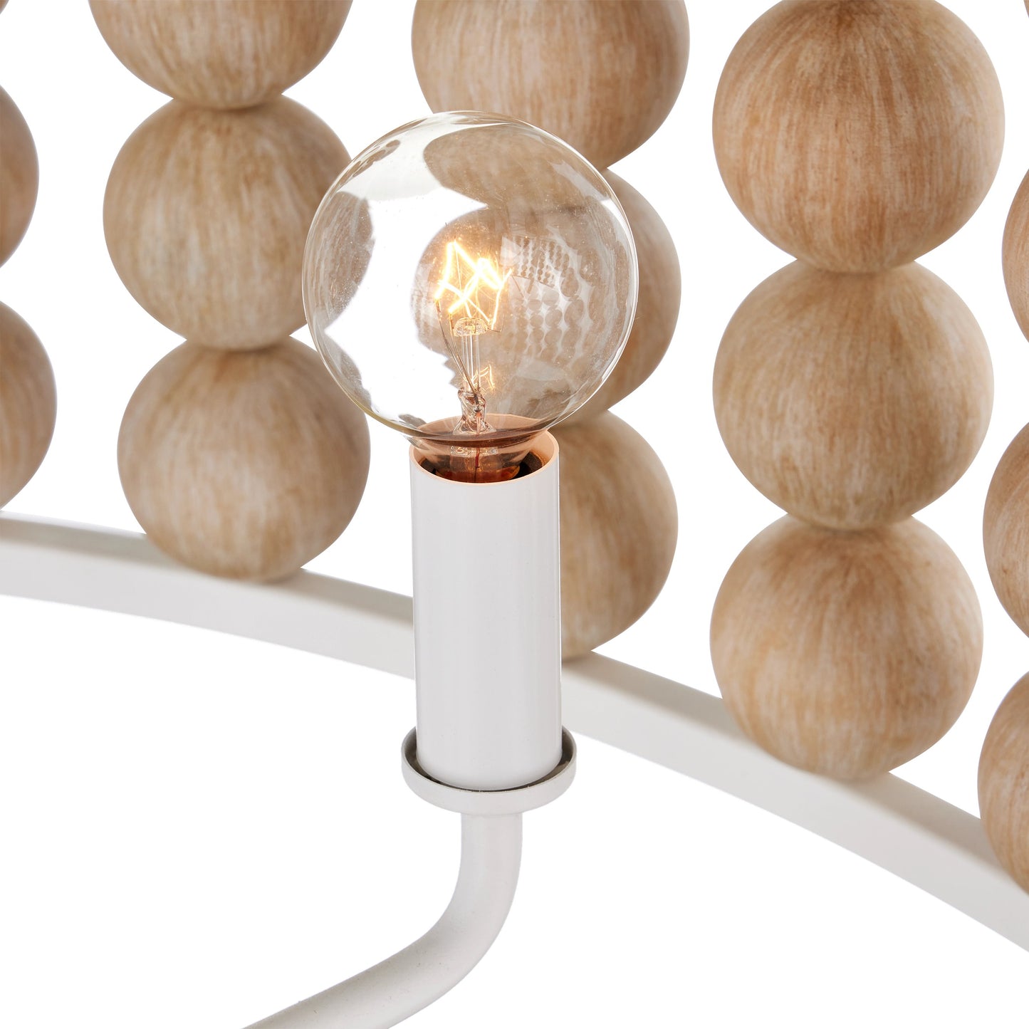 005 SI-2133954 | Closeup | Holcroft Chandelier by Currey and Company in sandstone, sugar white. Made from wood beads, wrought iron in a modern style.