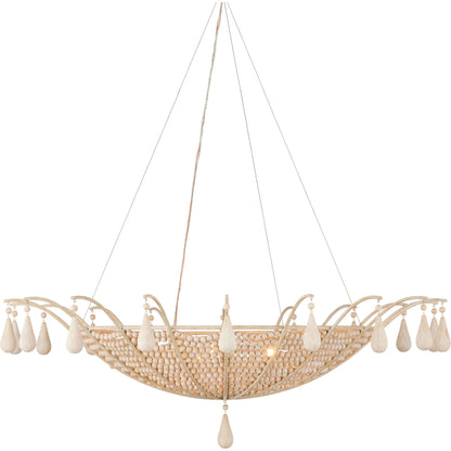 Korg Chandelier by Currey and Company in sandstone. Made from wood beads, wrought iron in a cottage & farmhouse style.
