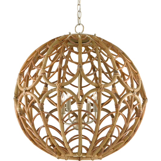 Cape Verde Orb Chandelier by Currey and Company in silver leaf, smokewood, natural. Made from wrought iron, rattan in a coastal style.