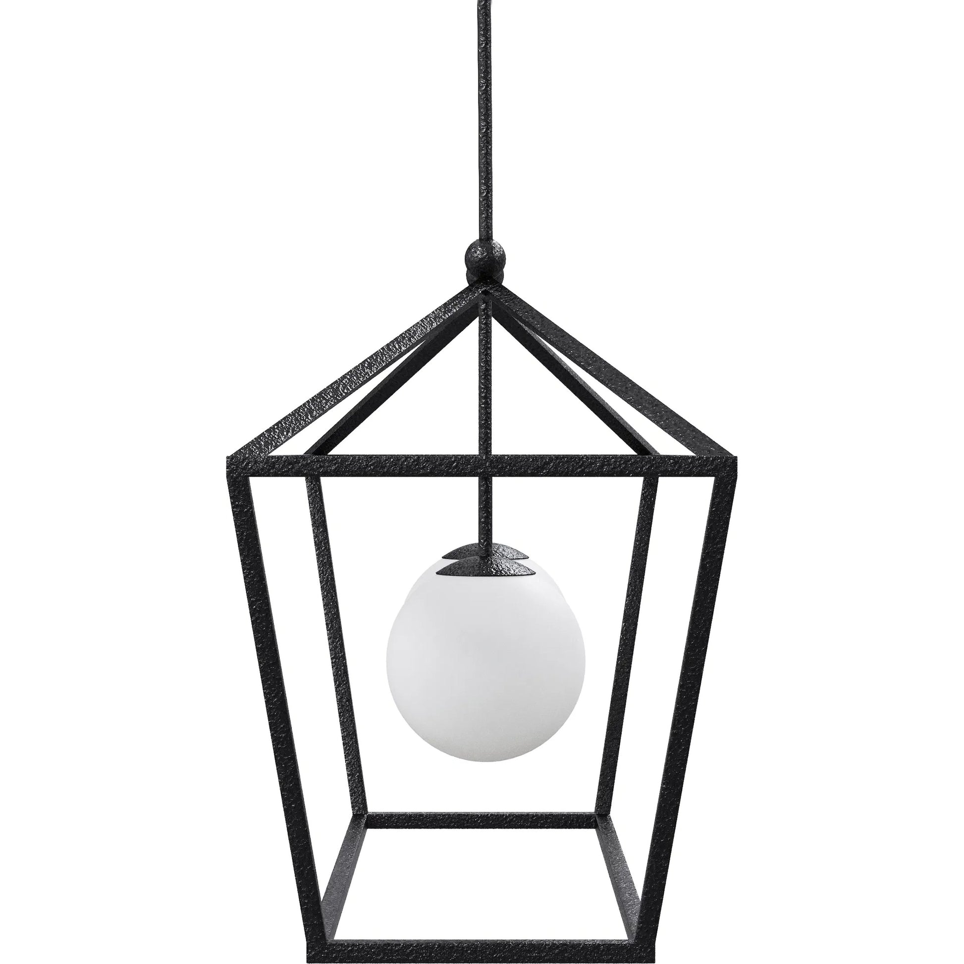 Denison Outdoor Lantern by Currey and Company in black, frosted white. Made from wrought iron, glass in a modern style.