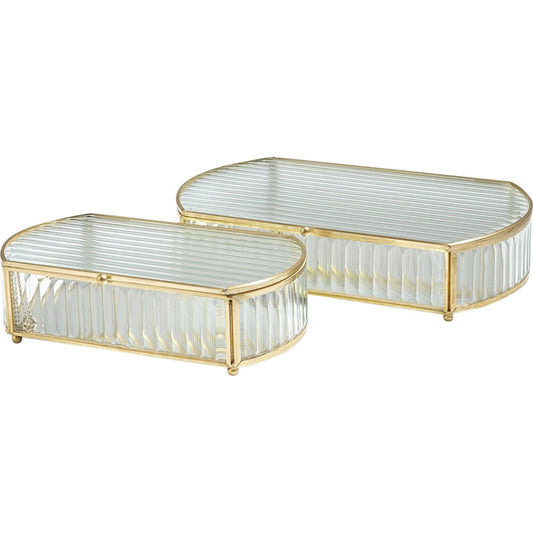 Reeded Glass Oval Box by Global Views. Made from glass in a transitional style.