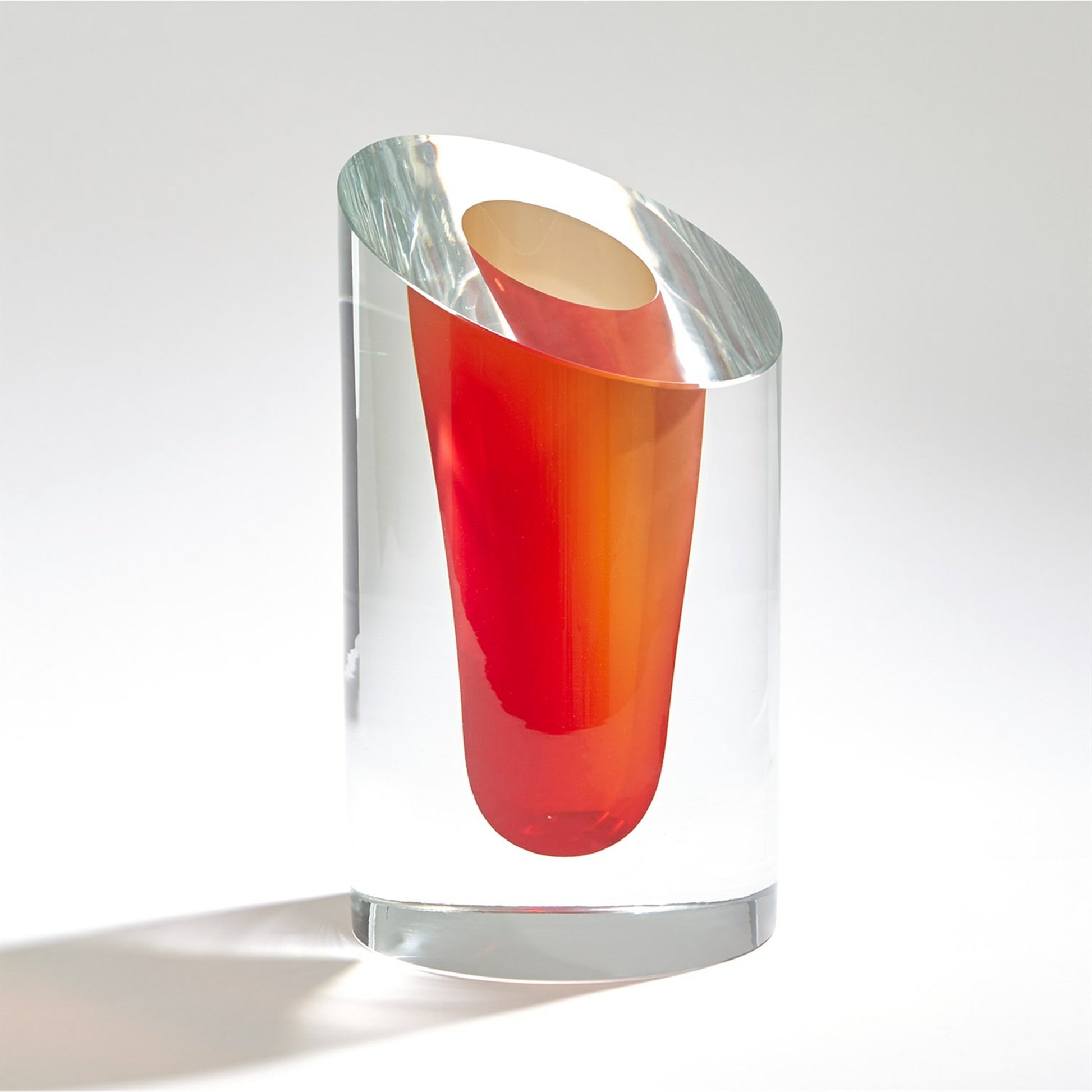 Slanted Vase by Global Views in clear with bubbles. Made from artglass in a modern style.
