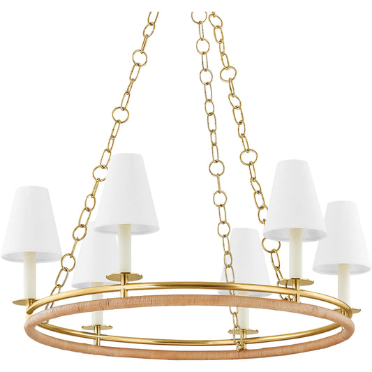 Swanton Chandelier by Hudson Valley in aged brass. Made from brass in a unique style.