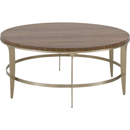 The Astoria Round Cocktail Table by Fairfield Chair in brown and continental walnut. Made from high pressure laminate, stainless steel in a modern style.