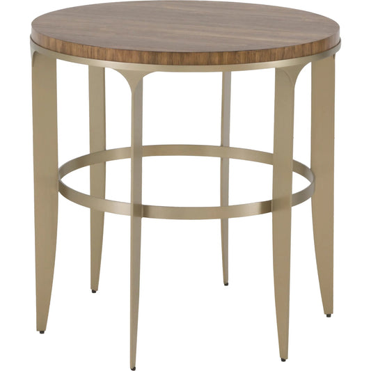 The Astoria Round End Table by Fairfield Chair in brown and continental walnut. Made from high pressure laminate, stainless steel in a modern style.