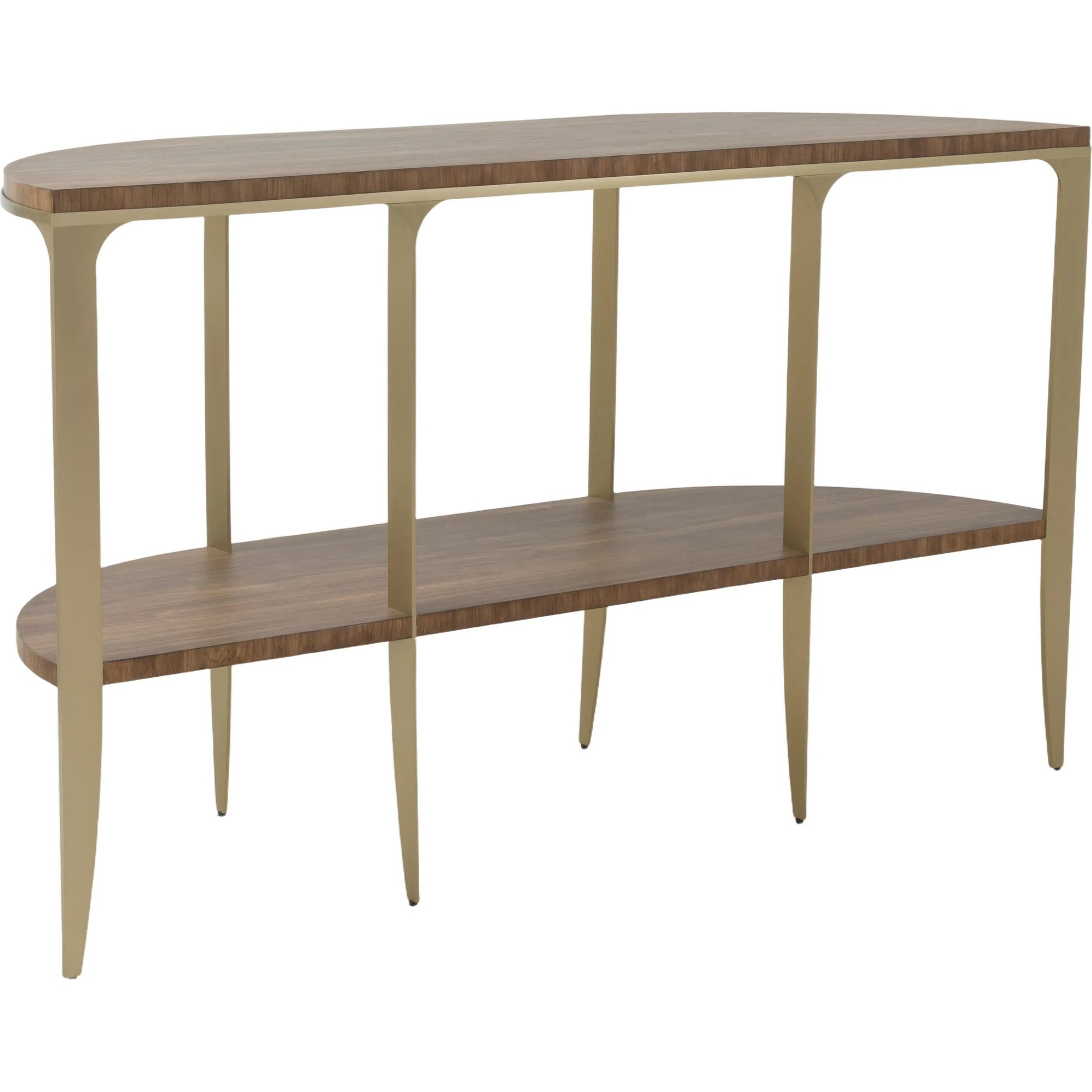 The Astoria Demi-Lune Console Table by Fairfield Chair in brown and continental walnut. Made from high pressure laminate, stainless steel in a modern style.