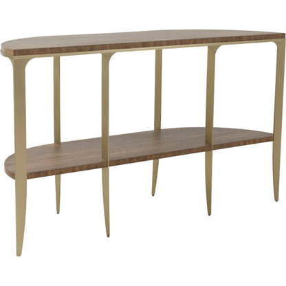 The Astoria Demi-Lune Console Table by Fairfield Chair in brown and continental walnut. Made from high pressure laminate, stainless steel in a modern style.