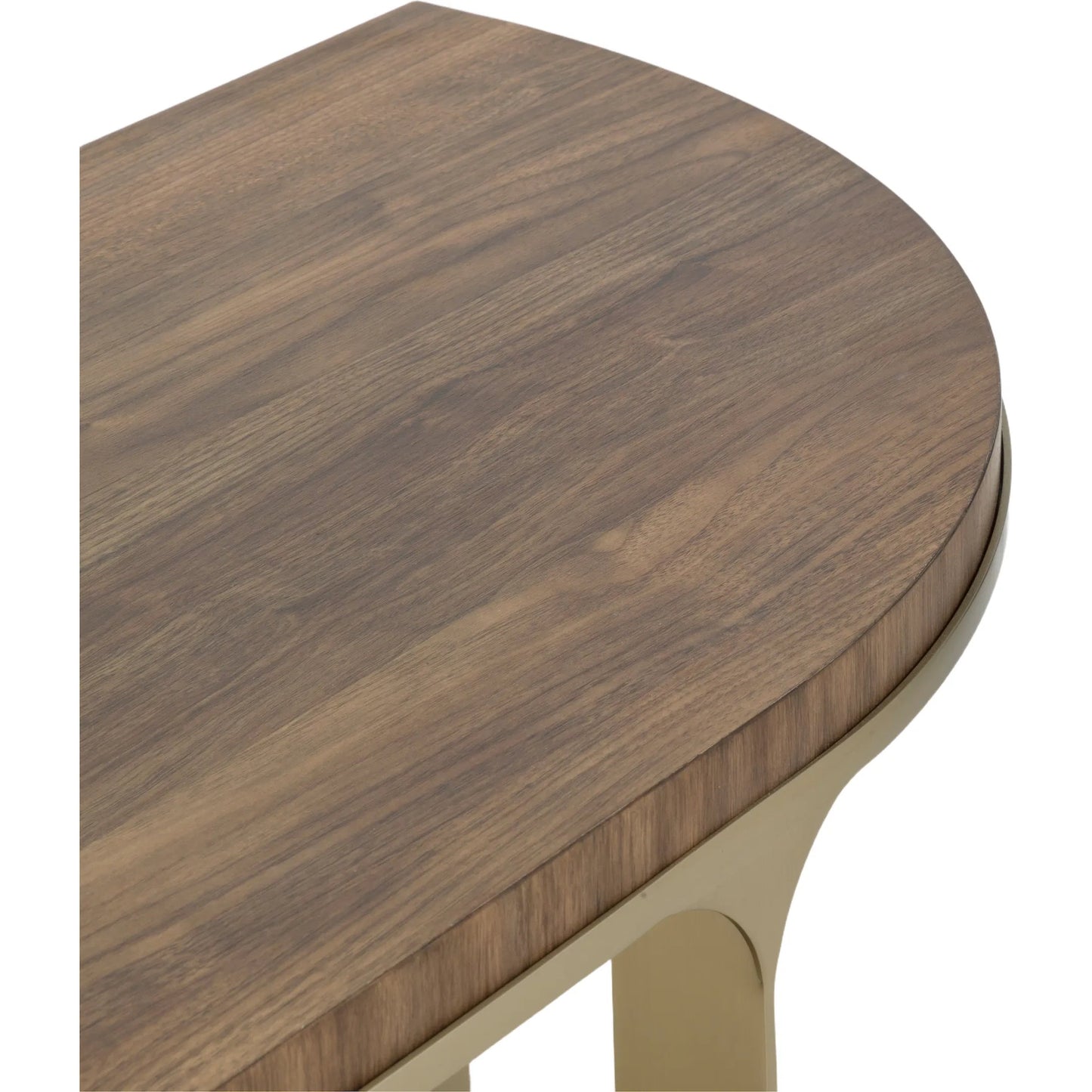 005 SI-2635723 | Closeup | The Astoria Demi-Lune Console Table by Fairfield Chair in brown and continental walnut. Made from high pressure laminate, stainless steel in a modern style.