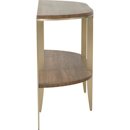 The Astoria Demi-Lune Console Table by Fairfield Chair in brown and continental walnut. Made from high pressure laminate, stainless steel in a modern style.