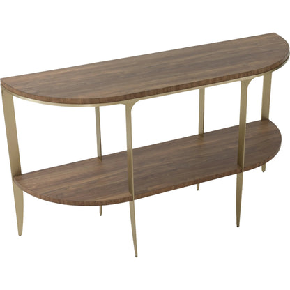 The Astoria Demi-Lune Console Table by Fairfield Chair in brown and continental walnut. Made from high pressure laminate, stainless steel in a modern style.