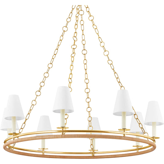 Swanton Chandelier by Hudson Valley in aged brass. Made from brass in a unique style.