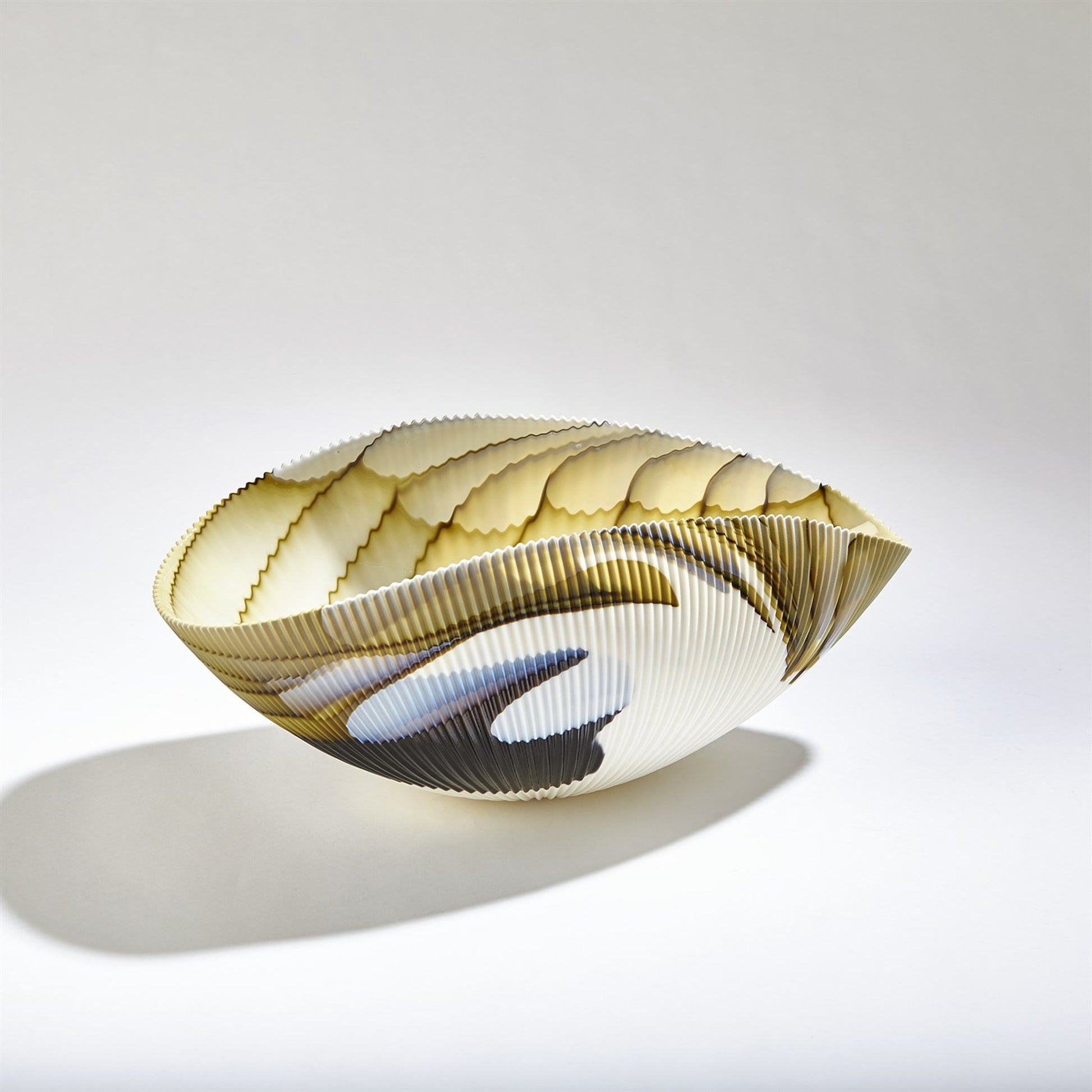 Pleated Amber & Blue Filigree Bowl by Global Views in amber, blue filigree. Made from artglass in a modern style.