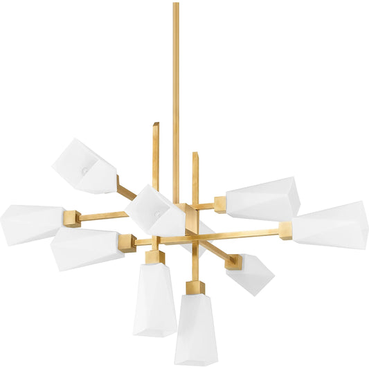 Artemis Chandelier by Corbett in vintage brass. Made from brass in a modern style.
