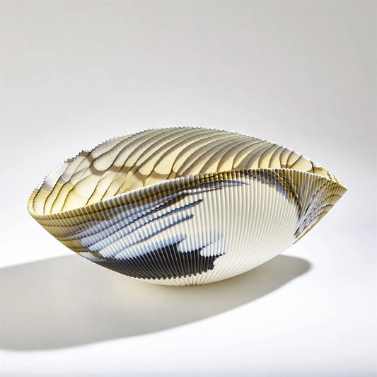 Pleated Amber & Blue Filigree Bowl by Global Views in amber, blue filigree. Made from artglass in a modern style.