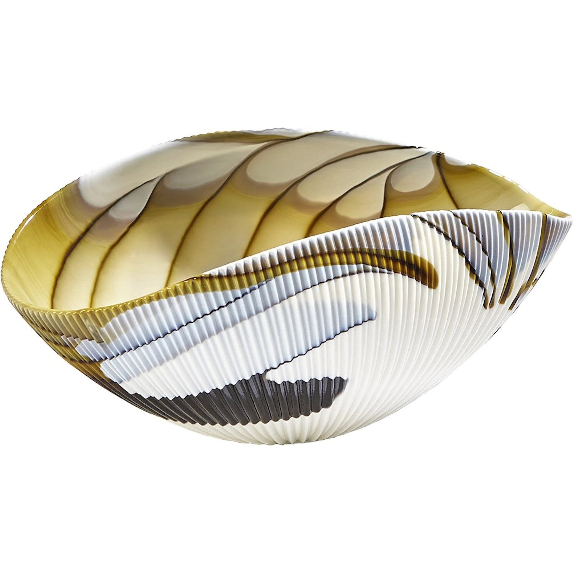 Pleated Amber & Blue Filigree Bowl by Global Views in amber, blue filigree. Made from artglass in a modern style.