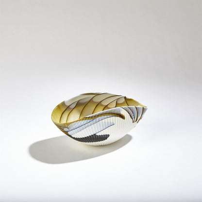 Pleated Amber & Blue Filigree Bowl by Global Views in amber, blue filigree. Made from artglass in a modern style.