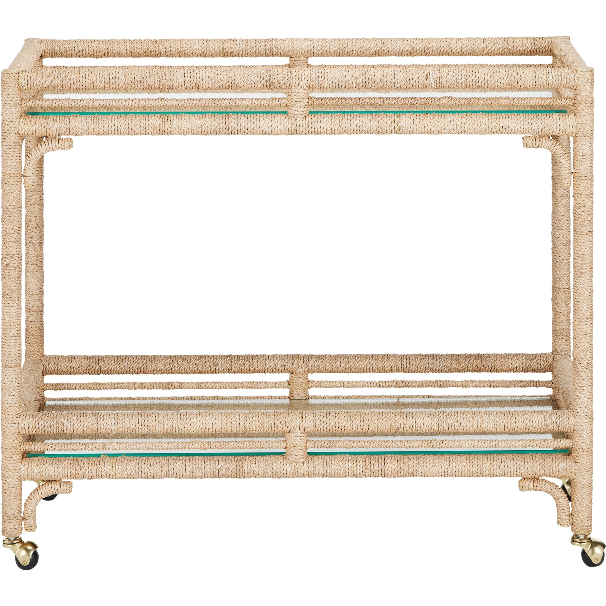 Olisa Bar Cart by Currey and Company in natural, clear. Made from abaca rope, wrought iron, glass in a coastal style.