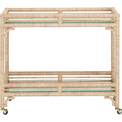 Olisa Bar Cart by Currey and Company in natural, clear. Made from abaca rope, wrought iron, glass in a coastal style.