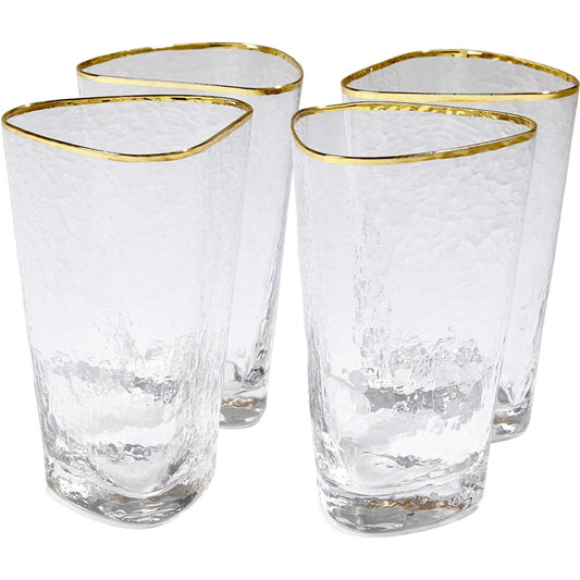 Hammered High Ball Glasses by Global Views in clear w, gold rim. Made from glass in a transitional style.