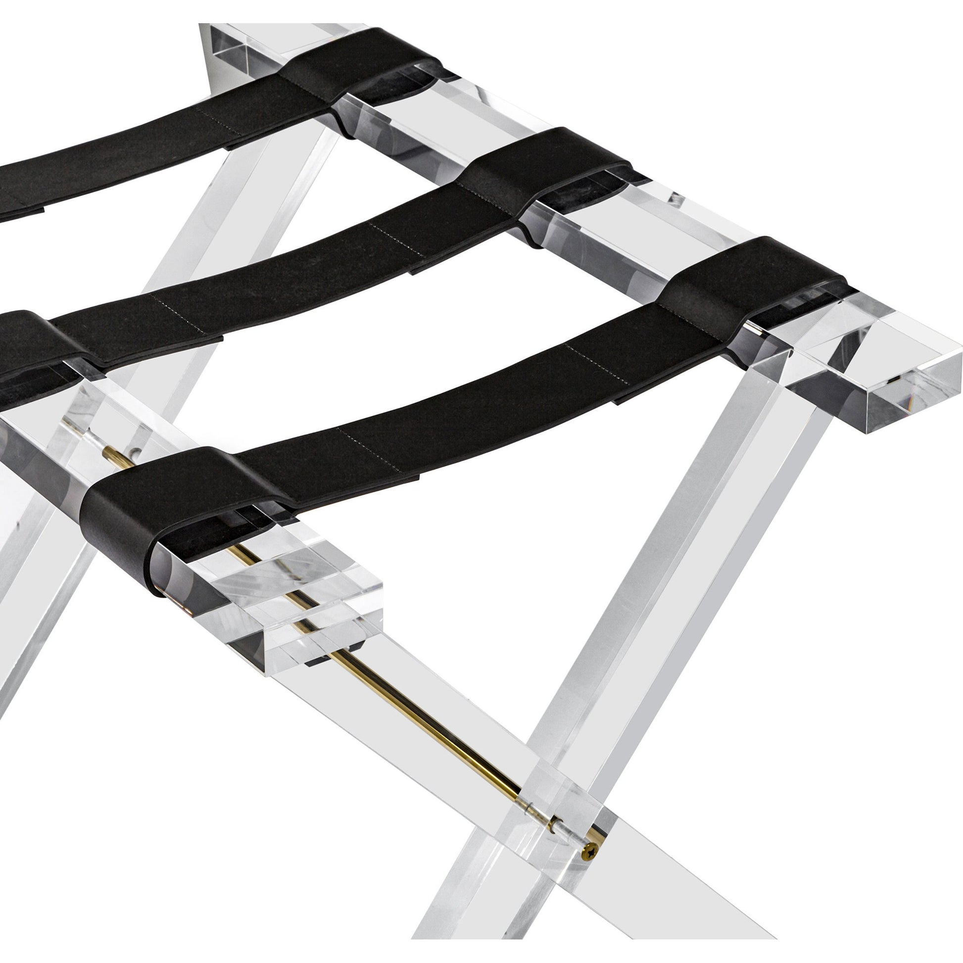 Fritz Luggage Stand by Interlude Home in clear, shiny brass, black. Made from acrylic, stainless steel, leather in a modern style.