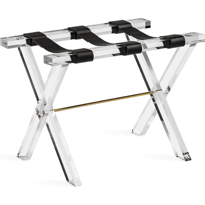 Fritz Luggage Stand by Interlude Home in clear, shiny brass, black. Made from acrylic, stainless steel, leather in a modern style.