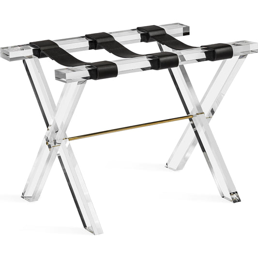 Fritz Luggage Stand by Interlude Home in clear, shiny brass, black. Made from acrylic, stainless steel, leather in a modern style.