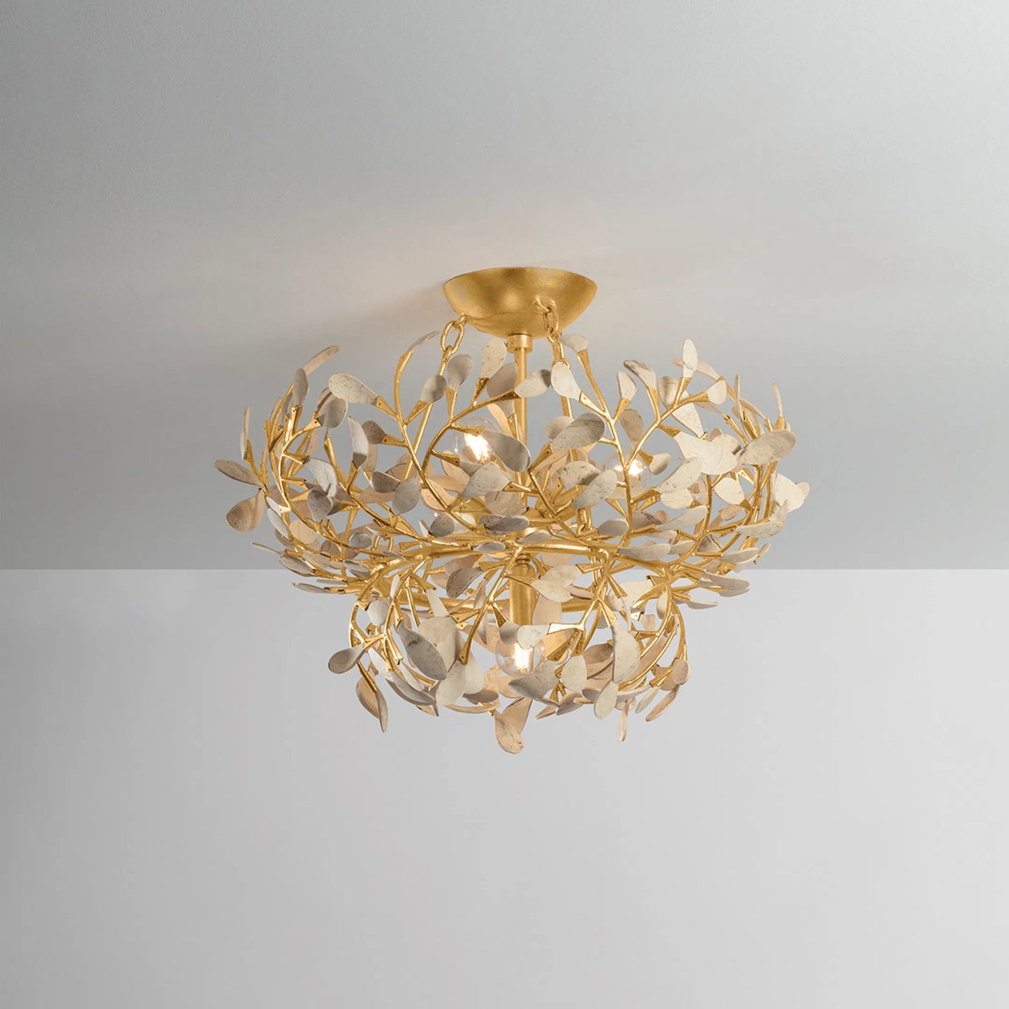 002 SI-2374363 | Lifestyle | Maybrook Semi Flush by Hudson Valley in vintage gold leaf. Made from iron in a unique style.