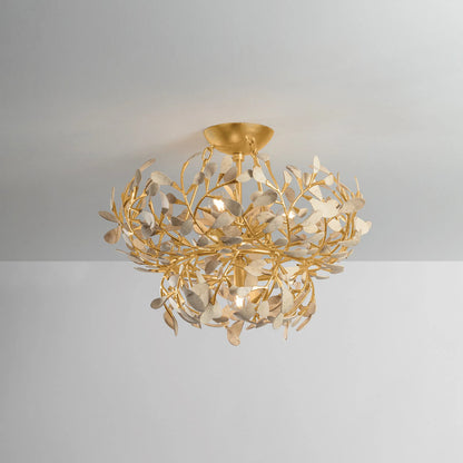 Maybrook Semi Flush by Hudson Valley in vintage gold leaf. Made from iron in a unique style.